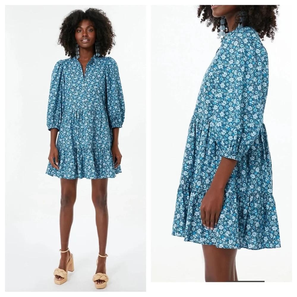 Hyacinth House Blue Floral Tiered Mini Dress Ruffle Neck 3/4 Puff Sleeve Small‎